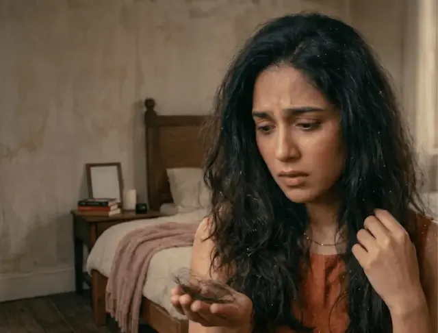 Woman holding strands of fallen hair